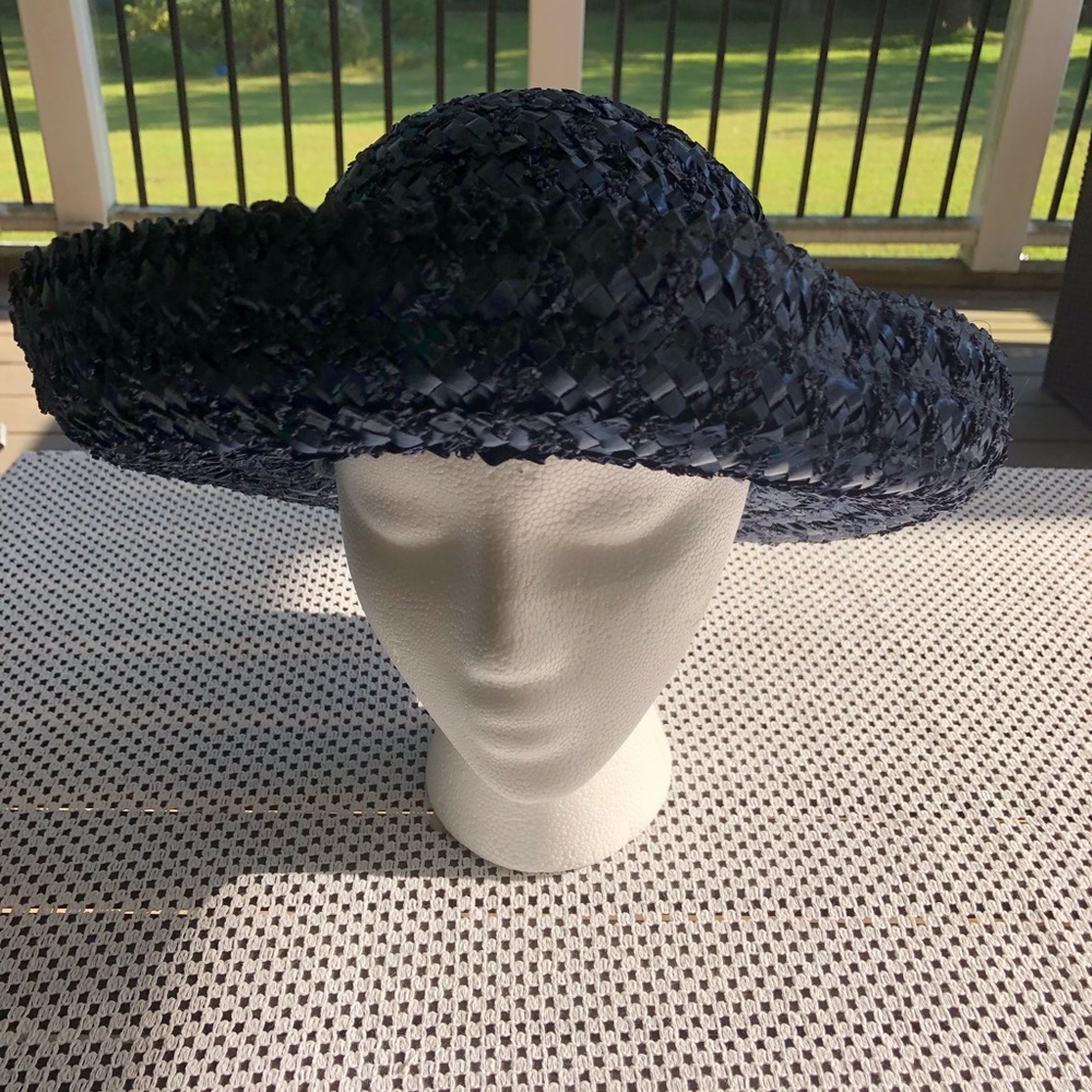 Vintage Navy Satin Straw Hat with Ribbon Back, Medium